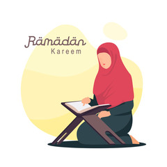 Women with hijab reading quran vector illustration. Happy Eid Mubarak and Ramadan concept