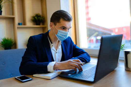 People with face mask. Concept with copy space. Portrait of adult man in quarantine of flu. Photo on the street in the city