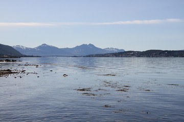  tromso tromsø  water travel tourism sea coast nature port blue landscape sky harbor architecture europe boatship mountain summer bay view city beautifull 