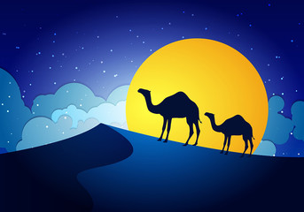 Camels in the desert, paper art, sun