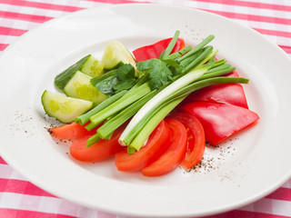tomatoes cucumbers and green onions on a white plate