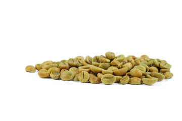 Pile of raw green bean coffee isolated on white background