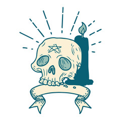 banner with tattoo style spooky skull and candle