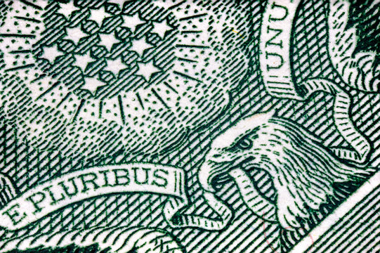 macro photography of a 1 US dollar banknote. Ultra close up of a one American dollar note. US dollar is the world currency.  The American silver eagle, printed in intaglio, on front side of the note