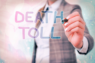 Word writing text Death Toll. Business photo showcasing the number of deaths resulting from a...