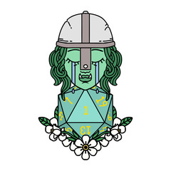 crying orc fighter character with natural one D20 roll illustration