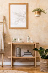 Fototapeta na wymiar Stylish scandinavian interior of living room with mock up poster frame, wooden console, plants, ladder, decoration, grunge wall and elegant personal accessories in modern home decor.