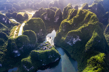 Aerial view of a famous scenic populations in Ninh Binh, Viet Nam, include Trang An ecotourism destination, Bai Dinh pagoda, Tam Coc, Hoa Lư ancient capital