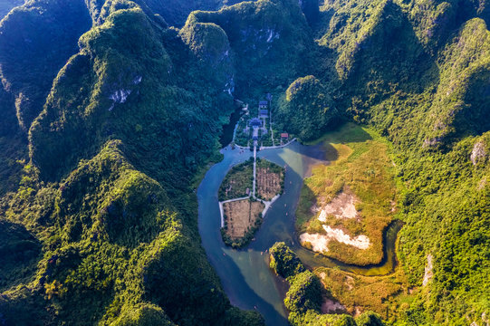 Aerial view of a famous scenic populations in Ninh Binh, Viet Nam, include Trang An ecotourism destination, Bai Dinh pagoda, Tam Coc, Hoa Lư ancient capital