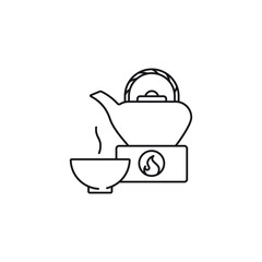 Tea pot, stove and cup vector line icon for Tea Day
