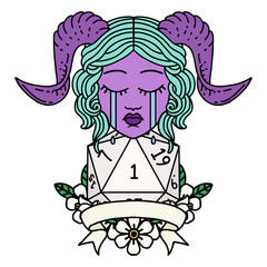 crying tiefling face with natural 1 D20 Dice illustration