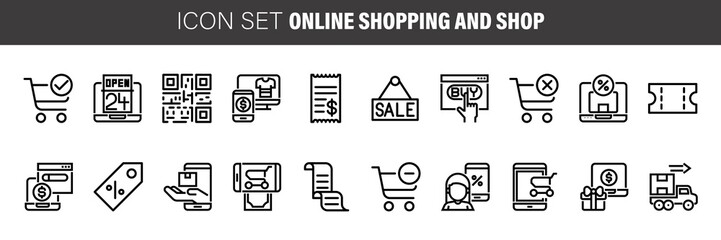 Online shopping and shop. Thin line icons