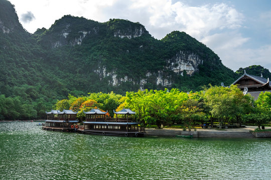 Aerial view of a famous scenic populations in Ninh Binh, Viet Nam, include Trang An ecotourism destination, Bai Dinh pagoda, Tam Coc, Hoa Lư ancient capital