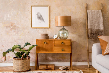 Modern retro composition of living room with wooden vintage commode, furniture, lamp, plant,...