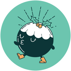 icon of tattoo style christmas pudding character walking