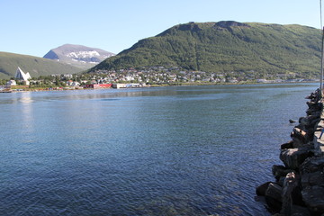  tromso troms&oslash;  water travel tourism sea coast nature port blue landscape sky harbor architecture europe boatship mountain summer bay view city beautifull 