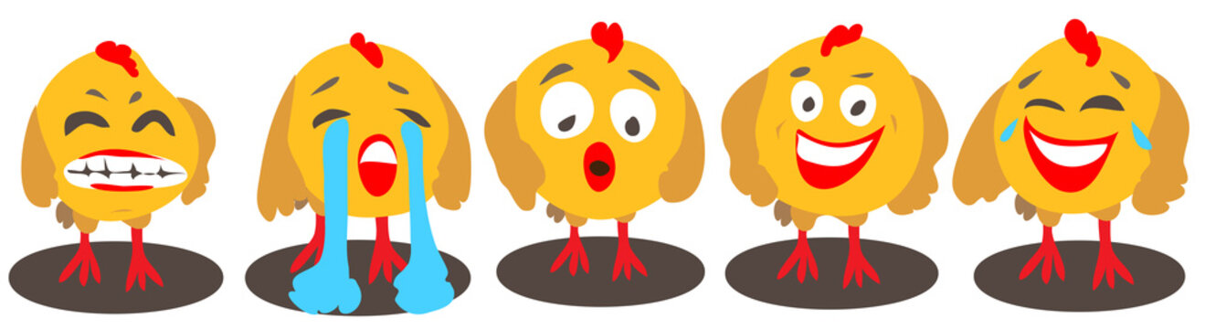 Vector cartoon chickens with different emotions on a white