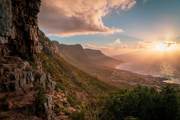Dramatic Sunset with ocean view at Table Mountain National Park in South Africa.