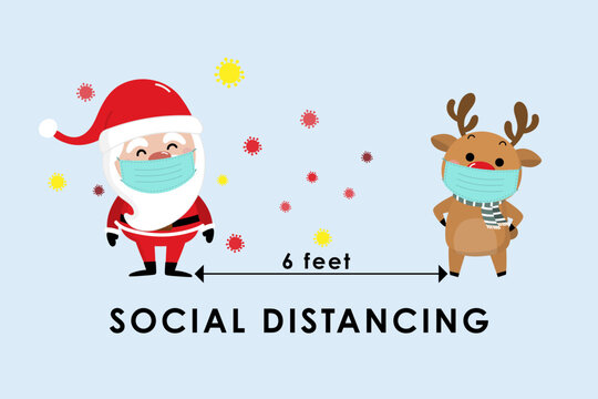 COVID-19 and social distancing infographic with cute Christmas cartoon character. Santa Claus, little elf and reindeer with surgical mask in flat style. Corona virus protection. -Vector