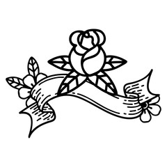 black linework tattoo with banner of a single rose