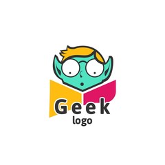 Geek logo design template with face in glasses. Vector illustration.