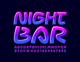 Fototapeta na wymiar Vector glossy sign Night Bar with creative Font. Blue and Violet glossy Alphabet Letters and Numbers