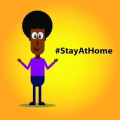 Naklejka premium Vector illustration of a black man recommending staying at home with the hashtag #stayathome