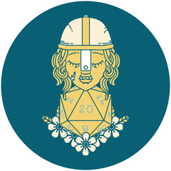 half orc fighter character with natural twenty dice roll illustration