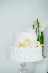 Fototapeta na wymiar white cake hyacinths and yellow daffodils on the table
