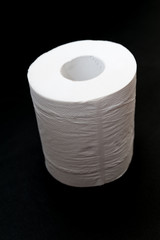 Single roll of white toilet paper. Isolated on black background. Close-up. Copy space. Vertical shot.