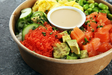 buddha bowl with salmon and avocado. Balanced detox trend snack