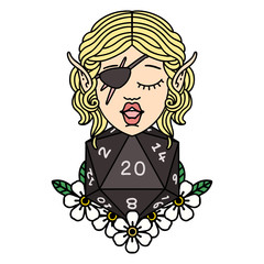 elf rogue character with natural twenty dice roll illustration