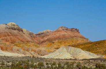 Colored, layered Aktau mountains in Kazakhstan among saxaul bushes. Above is a space for text.
