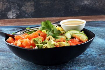 buddha bowl with salmon and avocado. Balanced detox trend snack