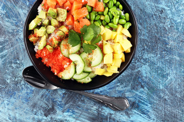 buddha bowl with salmon and avocado. Balanced detox trend snack
