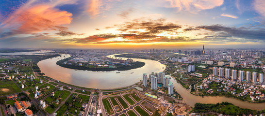 Top view aerial of Tan Thuan Export Processing Zone and center Ho Chi Minh City, Vietnam  with...