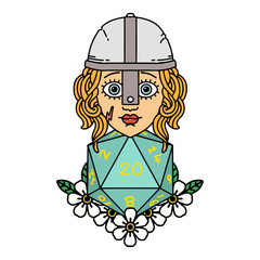 human fighter with natural 20 D20 dice roll illustration