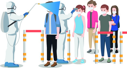 Medical staff are checking body temperature and spraying disinfectant to a line of peoples