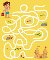 Educational maze puzzle game for kids in beach theme. Vector illustration.