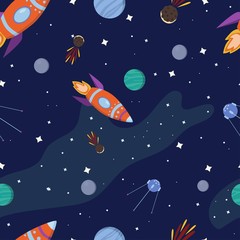 Naklejka premium Cosmic seamless pattern with rockets, stars, planets and nebula in cartoon style. Space design for textile, fabric, nursery. Vector illustration.