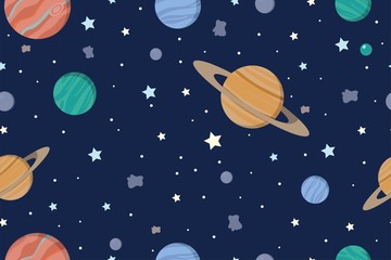 Cosmos background with planets, stars, meteorite, nebula in cartoon style.  Space and astronomy education concept. Vector illustration.