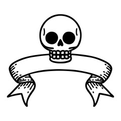 black linework tattoo with banner of a skull