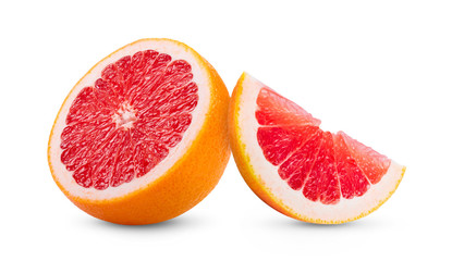 Ripe half of pink grapefruit citrus fruit on white background