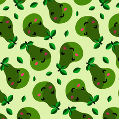 Kawaii fruit pattern. Pear vector.