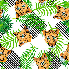 Seamless pattern with leopards, tropical palm leaves and hand drawn style stripes. Vector illustration.