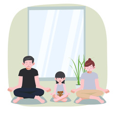 Father and mother are doing meditation together with their daughter to keep calm and relax at home