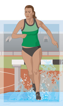 steeplechase female runner running over water obstacle with track and stadium background