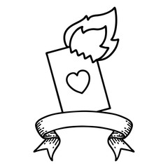 black linework tattoo with banner of a flaming card © lineartestpilot