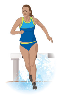 steeplechase female runner running over water obstacle isolated on a white background