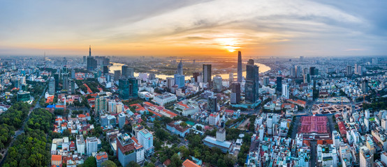 Top view aerial of Thu Thiem peninsula and center Ho Chi Minh City  with development buildings, transportation, energy power infrastructure. Financial and business centers in developed Vietnam